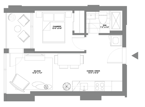 a floor plan of a small apartment with a bedroom and a living room